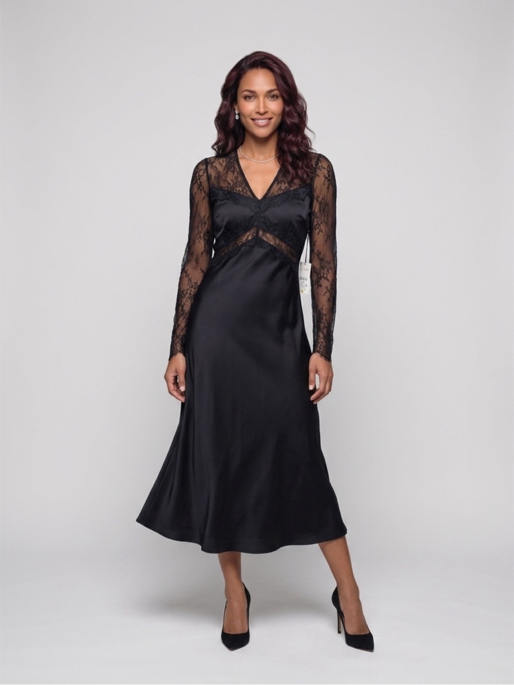 Forever 21 Black Satin Lace-Trim Midi Nightgown